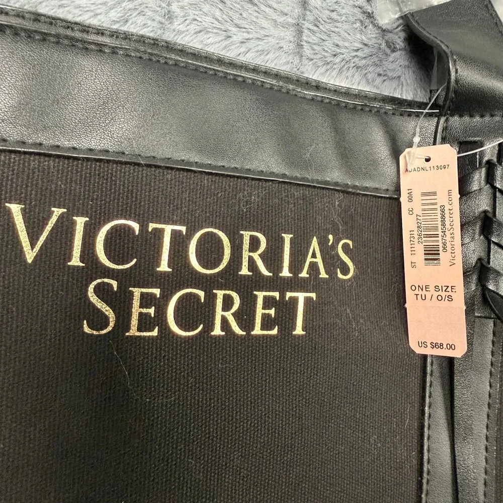 Victoria's Secret Tote Bag Womens OS Black Canvas Faux Leather Braided Tassel